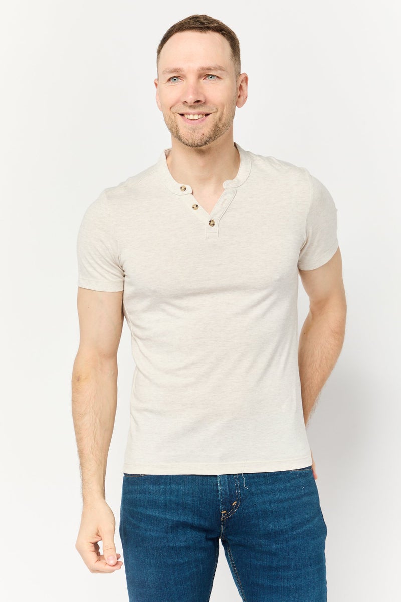 Celio Men Split Neck Short Sleeve Solid Hurley T-Shirt, Beige - Image 1